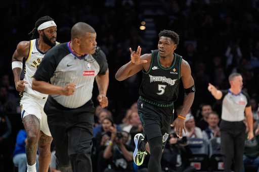 Minnesota Timberwolves guard Anthony Edwards (5) gestures after making a basket during the first half of an NBA basketball game against the Indiana Pacers, Sunday, Oct. 26, 2025, in Minneapolis. (AP Photo/Abbie Parr) Minnesota Timberwolves guard Anthony Edwards (5) gestures after making a basket during the first half of an NBA basketball game against the Indiana Pacers, Sunday, Oct. 26, 2025, in Minneapolis. (AP Photo/Abbie Parr)