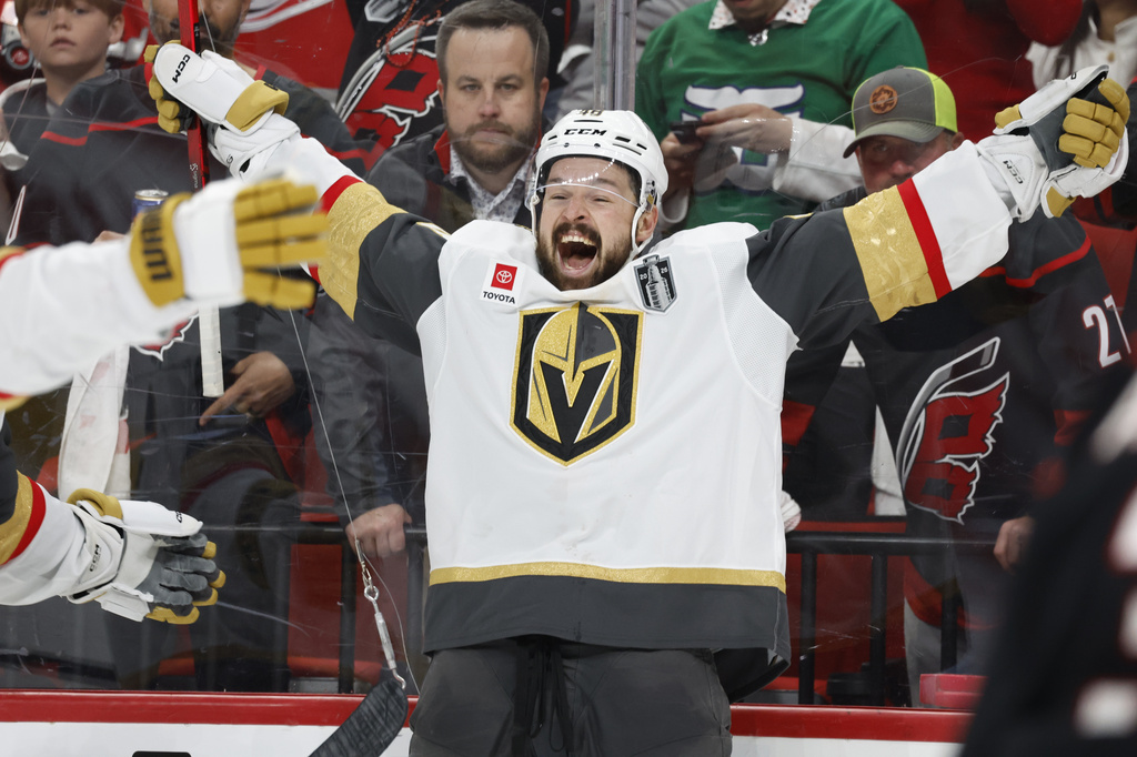 Vegas Golden Knights' Tomas Hertl (48) celebrates his goal during the third period in Game 1 of the NHL hockey Stanley Cup Final series against the Carolina Hurricanes in Raleigh, N.C., Tuesday, June 2, 2026. (AP Photo/Karl DeBlaker)