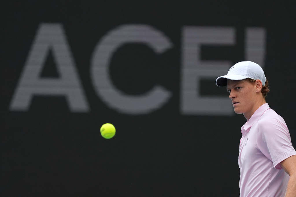 Jannik Sinner of Italy walks on the court after serving an ace against Jiri Lehecka of the Czech Republic in the men's singles final at the Miami Open tennis tournament, Sunday, March 29, 2026, in Miami Gardens, Fla. (AP Photo/Rebecca Blackwell)