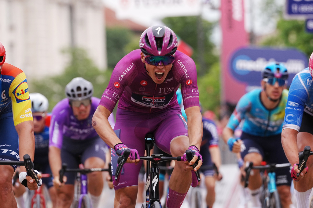 France's Paul Magnier wins the third stage of the Giro d'Italia cycling race, from Plovdiv to Sofia, Bulgaria, Sunday, May 10, 2026. (Gian Mattia d'Alberto/LaPresse via AP)