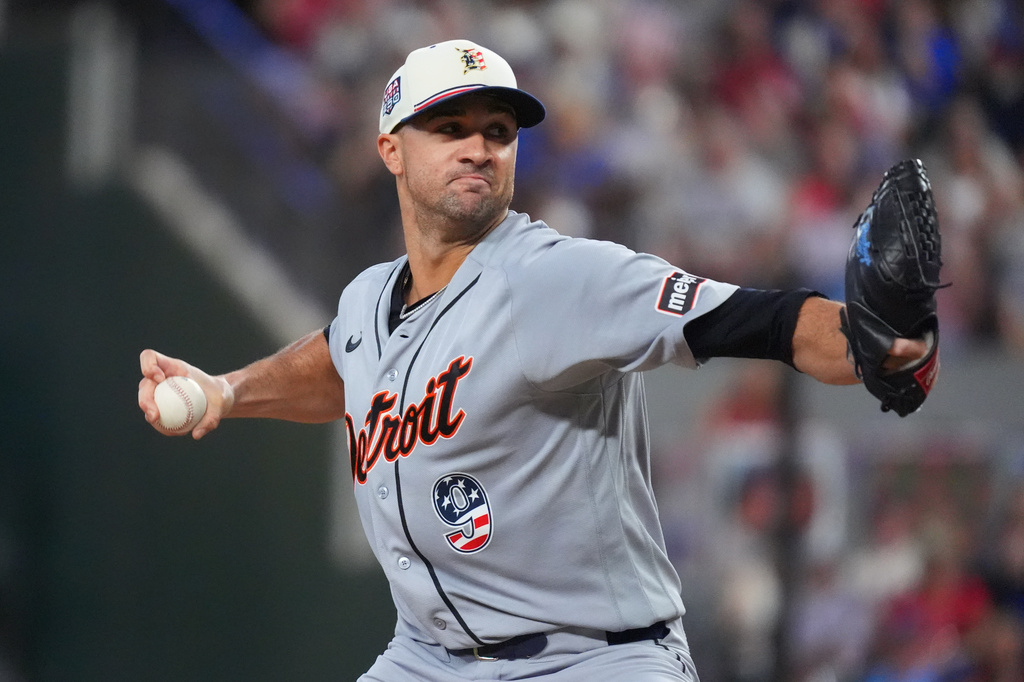 Detroit Tigers starting pitcher Jack Flaherty throws during the first inning of a baseball game against the Texas Rangers, Saturday, July 4, 2026, in Arlington, Texas. (AP Photo/LM Otero)