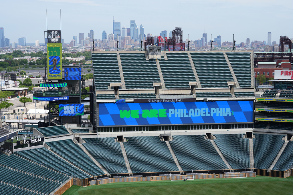 A general view of Lincoln Financial Field as it is rebranded as Philadelphia Stadium, Wednesday, May 13, 2026, ahead of the 2026 FIFA World Cup soccer matches in Philadelphia. (AP Photo/Matt Rourke)
