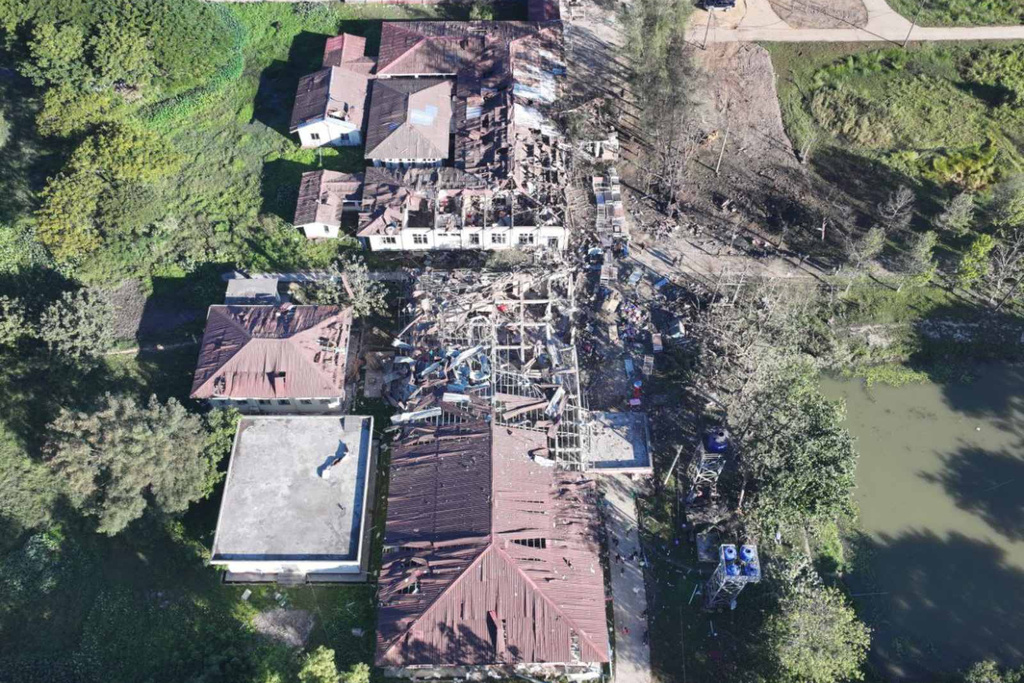 In this aerial photo provided by Wai Hun Aung, damaged buildings are seen at the hospital that was allegedly hit by a military air strike in Mrauk-U township in Rakhine state, Myanmar, Thursday, Dec.11, 2025. (Wai Hun Aung via AP)