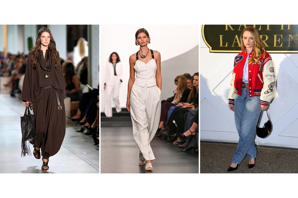 This combination of images shows examples of barrel pants from the Michael Kors Spring/Summer 2026 fashion show in New York on Sept. 11, 2025, left, the Ralph Lauren Spring 2026 fashion show in New York on Sept. 10, 2025, center, and on actor Joey King as she attends the Ralph Lauren Spring/Summer 2025 fashion show in Bridgehampton, N.Y. on Sept. 5, 2024. (AP Photo)