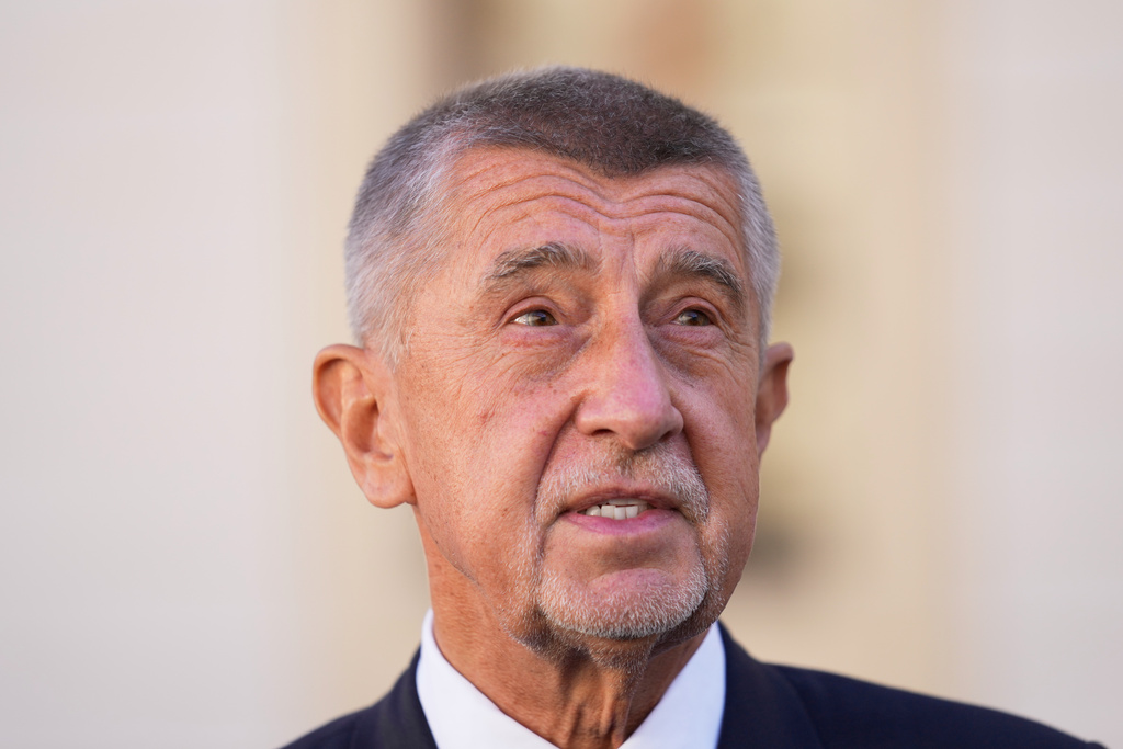 Chairman of opposition "ANO" (YES) movement Andrej Babis speaks to the media after talking with Czech Republic President Petr Pavel a day after he won the parliamentary elections, in Prague, Czech Republic, Sunday, Oct. 5, 2025. (AP Photo/Darko Bandic)