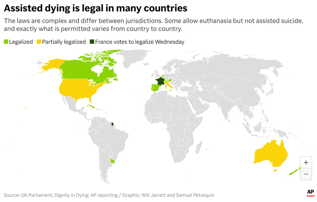 Map showing countries that have legalized assisted dying. (AP Digital Embed)