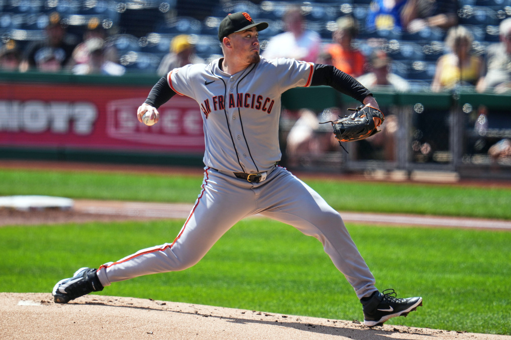 San Francisco Giants pitcher Blade Tidwell delivers during the first inning of a baseball game against the Pittsburgh Pirates in Pittsburgh, Thursday, Sept. 3, 2026. (AP Photo/Gene J. Puskar)