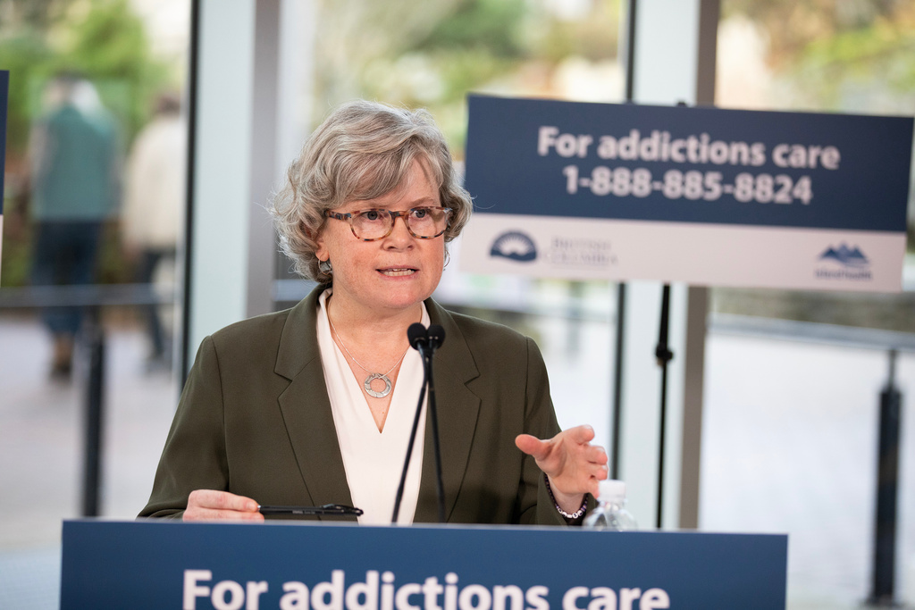 British Columbia Health Minister Josie Osborne speaks about the end of the province's three-year experiment in decriminalizing possession of small amounts of drugs at the Royal Jubilee Hospital in Victoria, British Columbia, Wednesday, Jan. 14, 2026. (Chad Hipolito/The Canadian Press via AP)