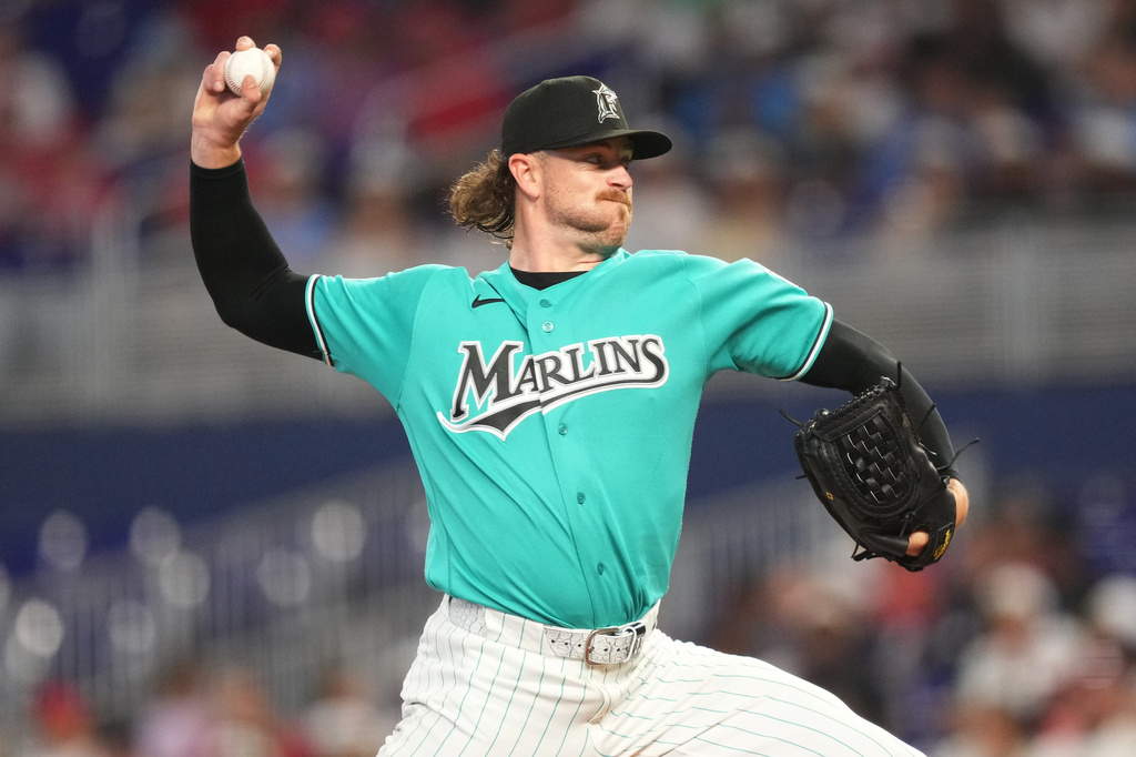Miami Marlins pitcher Chris Paddack delivers during the first inning of a baseball game against the Philadelphia Phillies, Sunday, May 3, 2026, in Miami. (AP Photo/Jim Rassol)