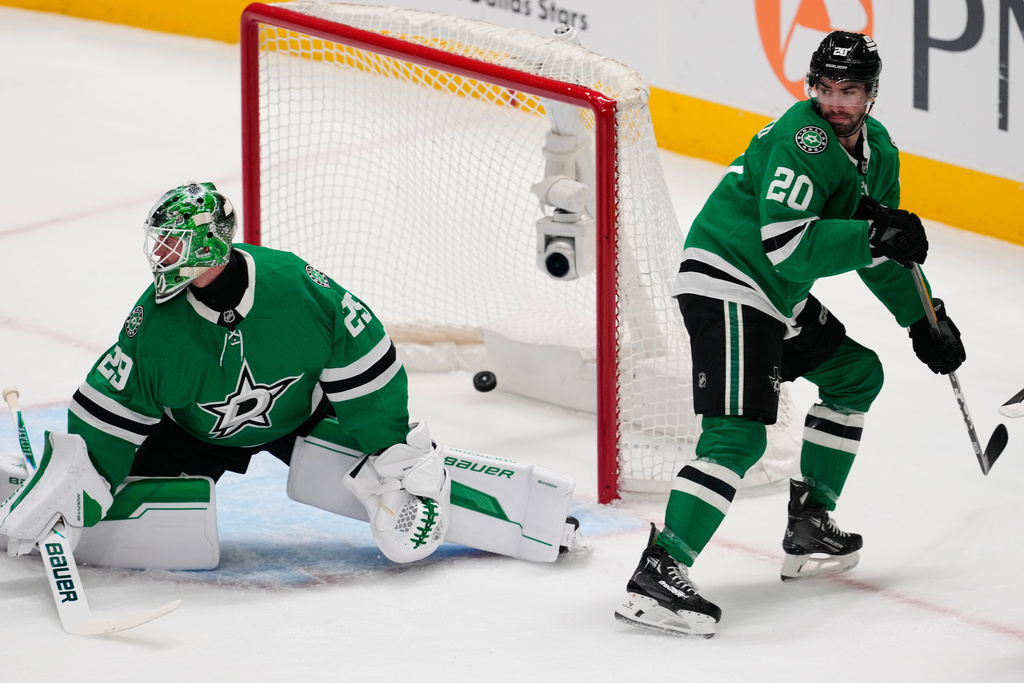 Dallas Stars goaltender Jake Oettinger (29) and defenseman Kyle Capobianco (20) look back after a score by St. Louis Blues' Jordan Kyrou in the first period of an NHL hockey game Wednesday, Feb. 4, 2026, in Dallas. (AP Photo/Tony Gutierrez)