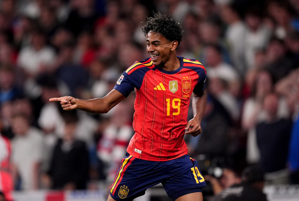 Spain's Lamine Yamal celebrates after scoring his side's first goal during the UEFA Nations League soccer match against England in London, Saturday Sept, 26, 2026. (Mike Egerton/PA via AP)
