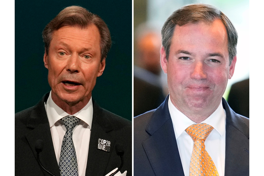 FILE - This photo combination shows Grand Duke Henri of Luxembourg, left, Dec. 1, 2023, in Dubai, United Arab Emirates and Luxembourg's Crown Prince Guillaume in Tokyo, June 10, 2024. (AP Photo/Rafiq Maqbool, Franck Robichon/Pool Photo via AP)