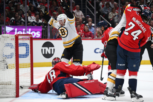 Boston Bruins center Morgan Geekie, top, celebrates a goal by teammate David Pastrnak, not seen, against Washington Capitals goaltender Logan Thompson (48) during the second period of an NHL hockey game, Wednesday, Oct. 8, 2025, in Washington. (AP Photo/Nick Wass) Boston Bruins center Morgan Geekie, top, celebrates a goal by teammate David Pastrnak, not seen, against Washington Capitals goaltender Logan Thompson (48) during the second period of an NHL hockey game, Wednesday, Oct. 8, 2025, in Washington. (AP Photo/Nick Wass)