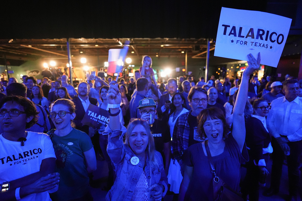 Supporters of Texas state Rep. James Talarico, D-Austin, a Democratic candidate for the U.S. Senate, react as results come in during a primary election watch party Tuesday, March 3, 2026, in Austin, Texas. (AP Photo/Eric Gay)
