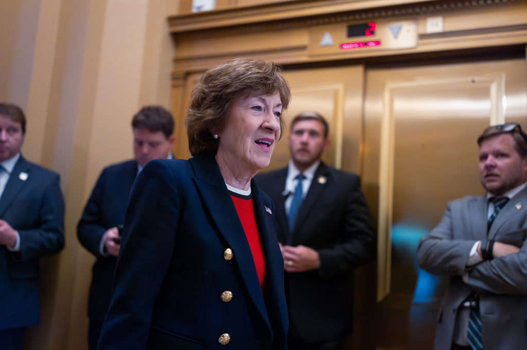 Sen. Susan Collins, R-Maine, chair of the Senate Appropriations Committee, heads to the chamber before votes on the immigration enforcement funding package, at the Capitol in Washington, Thursday, June 4, 2026. (AP Photo/J. Scott Applewhite)