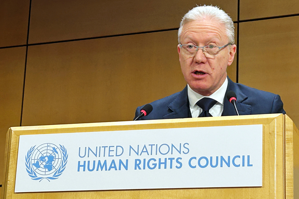 Lebanese Foreign Minister Youssef Rajji addresses the Human Rights Council in Geneva, Switzerland, Tuesday, Feb. 24, 2026. (AP Photo/Jamey Keaten)