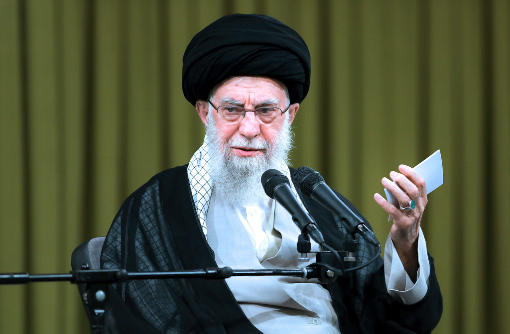 FILE - In this photo released by an official website of the office of the Iranian supreme leader, Supreme Leader Ayatollah Ali Khamenei speaks in a ceremony to mark the Shiite holiday of Eid al-Ghadir, in Tehran, Iran, Tuesday, June 25, 2024. (Office of the Iranian Supreme Leader via AP, File)
