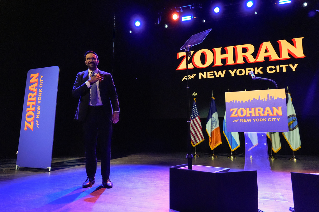 Zohran Mamdani reacts as he walks on stage to make his acceptance speech after winning the mayoral election, Tuesday, Nov. 4, 2025, in New York. (AP Photo/Yuki Iwamura)
