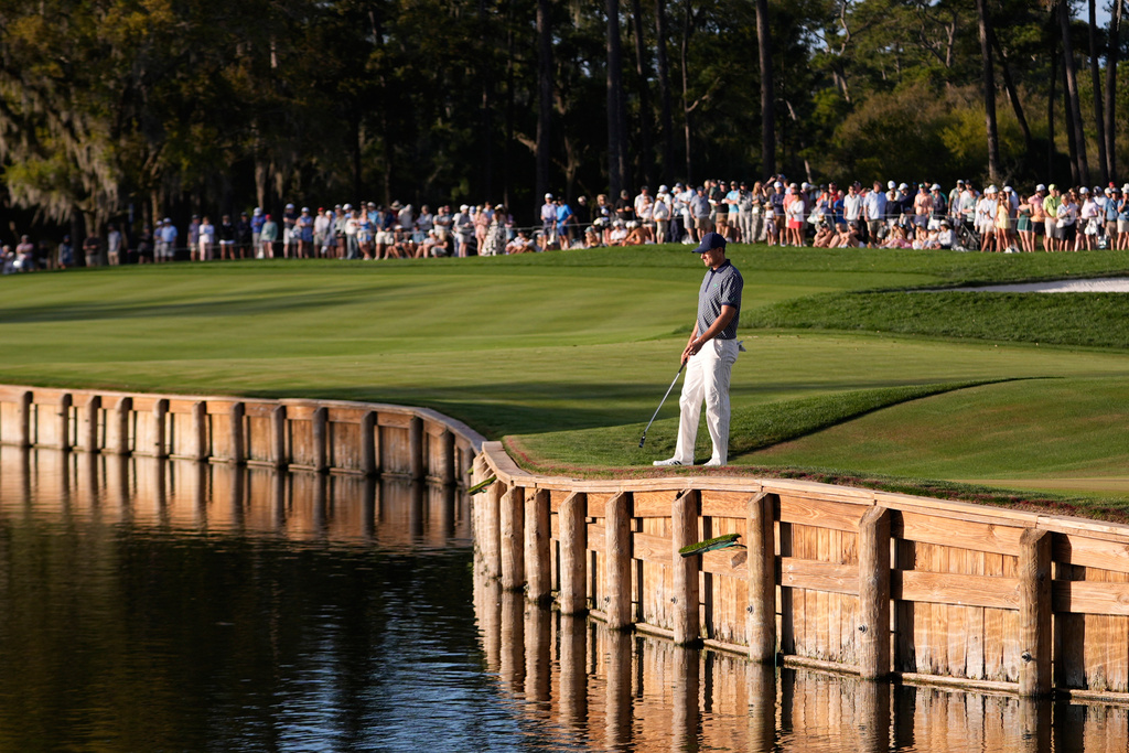 Ludvig Aberg of Sweden looks on on the 16th hole during the third round of The Players Championship golf tournament Saturday, March 14, 2026, in Ponte Vedra Beach, Fla. (AP Photo/Gerald Herbert)