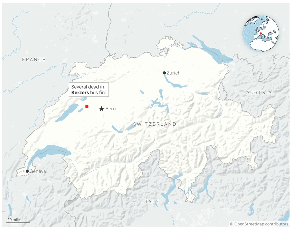 A map showing the location of the bus fire in Switzerland. (AP Digital Embed)