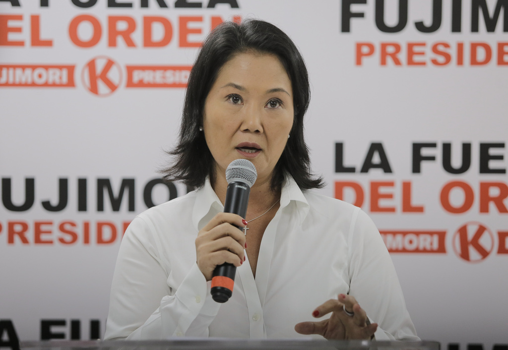 Presidential candidate Keiko Fujimori, of the Popular Force party, gives a press conference, as electoral authorities continue to count the ballots three days after general elections in Lima, Peru, Wednesday, April 15, 2026. (AP Photo/Gerardo Marin)
