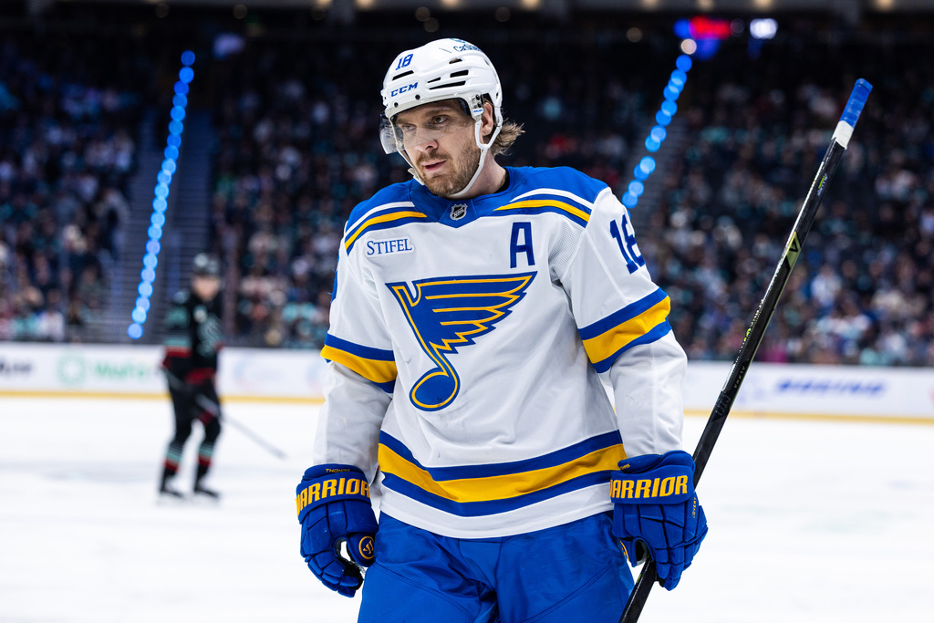 St. Louis Blues center Robert Thomas skates during an NHL hockey game against the Seattle Kraken, Wednesday, March 4, 2026, in Seattle. (AP Photo/Maddy Grassy)