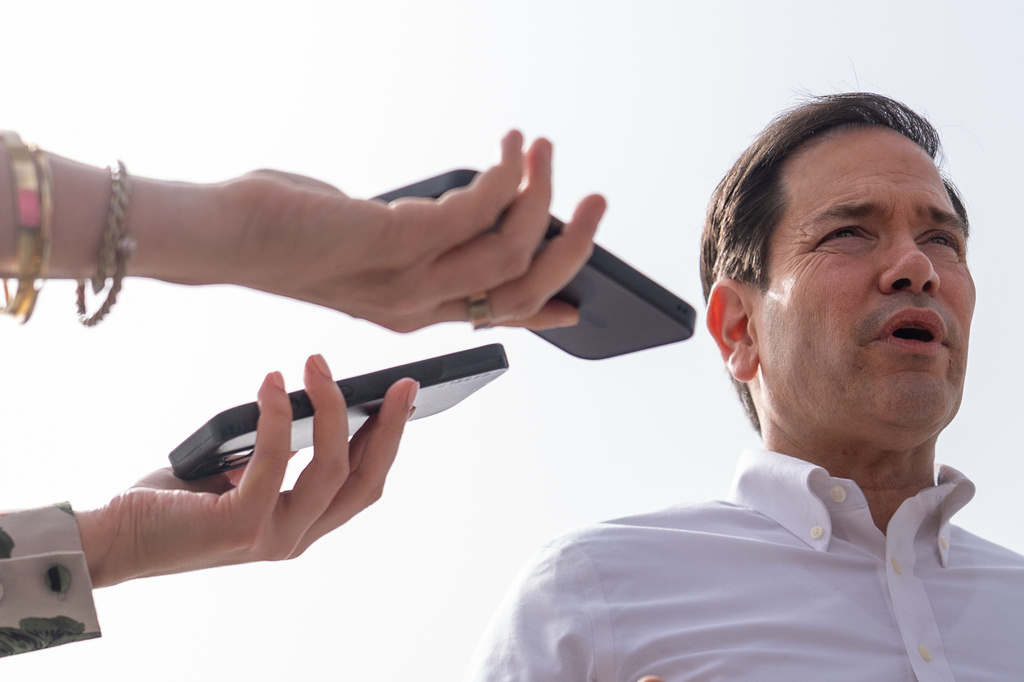 United States Secretary of State Marco Rubio speaks to the journalists before boarding his plane at Indira Gandhi International Airport in New Delhi, India, Monday, May 25, 2026. (AP Photo/Julia Demaree Nikhinson, Pool)