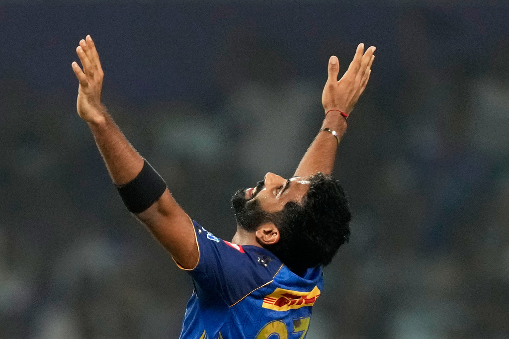 Mumbai Indians' Jasprit Bumrah celebrates the wicket of Kolkata Knight Riders' Manish Pandey during the Indian Premier League cricket match between Kolkata Knight Riders and Mumbai Indians, in Kolkata , India, Wednesday, May 20, 2026. (AP Photo/Bikas Das)