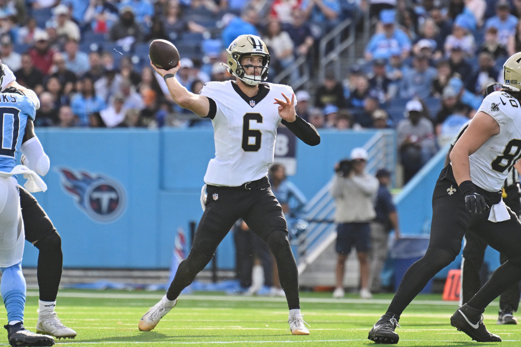 New Orleans Saints quarterback Tyler Shough (6) passes against the Tennessee Titans in the second half of an NFL football game, Sunday, Dec. 28, 2025, in Nashville, Tenn. (AP Photo/John Amis)