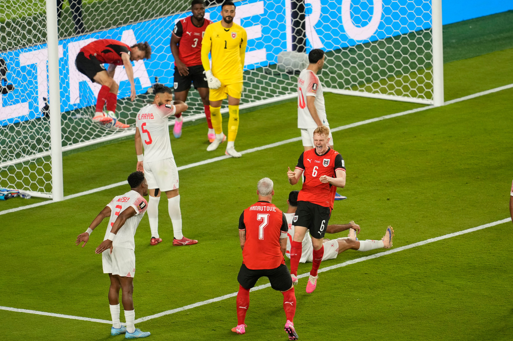 Austria's Marko Arnautovic, front, and Nicolas Seiwald celebrate after Jordan's Yazan Alarab scored on his own goal during the World Cup Group J soccer match in Santa Clara, Calif., near San Francisco, Tuesday, June 16, 2026. (AP Photo/Jeff Chiu)