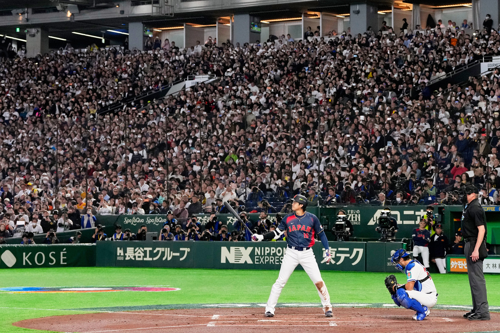 Japan's Shohei Ohtani bats during the second inning of a World Baseball Classic Pool C game between Japan and Taiwan Friday, March 6, 2026 in Tokyo. (AP Photo/Eugene Hoshiko)
