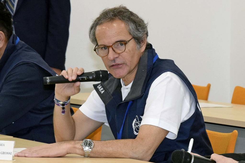 International Atomic Energy Agency Director General Rafael Grossi speaks during a meeting with Tokyo Electric Power Company Holdings officials at Fukushima Daiichi nuclear power plant in Okuma, Fukushima pferfecture, Japan Wednesday, June 24, 2026. (Kyodo News via AP)