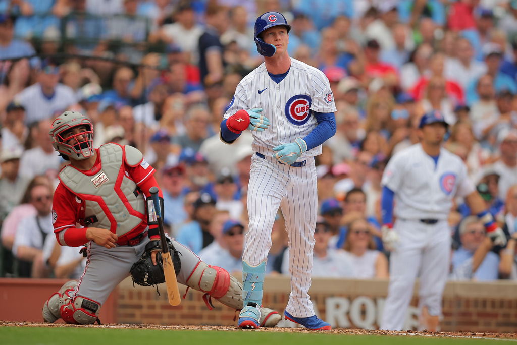 Chicago Cubs' Pete Crow-Armstrong flips his bat after hitting a two-run home run during the second inning of a baseball game against the Cincinnati Reds, Saturday, Aug. 29, 2026, in Chicago. (AP Photo/Melissa Tamez)