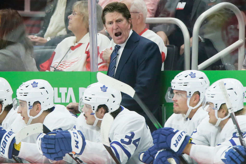 FILE - Toronto Maple Leafs head coach Mike Babcock during the third period of an NHL hockey game against the Detroit Red Wings, Oct. 12, 2019, in Detroit. (AP Photo/Duane Burleson, File)
