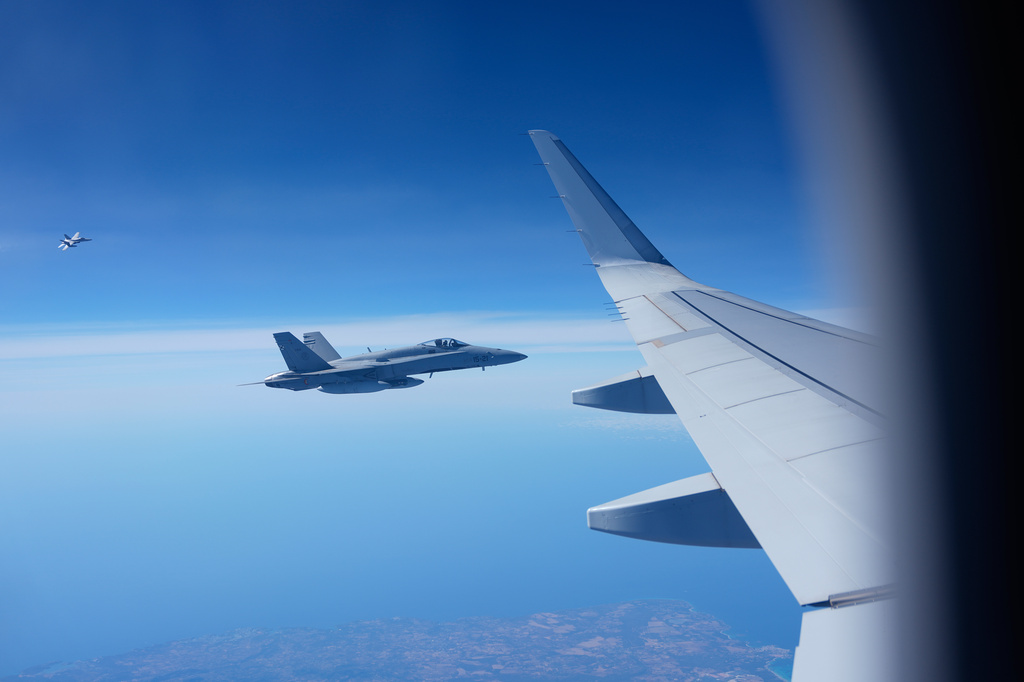Spain's Airforce fighter jets escort the papal flight departed from Rome heading to Madrid, Saturday, June 6, 2026, on the occasion of Pope Leo XIV apostolic journey to Spain. (AP Photo/Alessandra Tarantino, Pool)