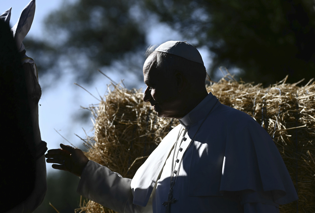 Pope Leo XIV attends the inauguration of the "Borgo Laudato Si'" Advanced Training Center, at the papal summer residence in Castel Gandolfo, Italy, Friday Sept. 5, 2025. (Filippo Monteforte, Pool via AP)