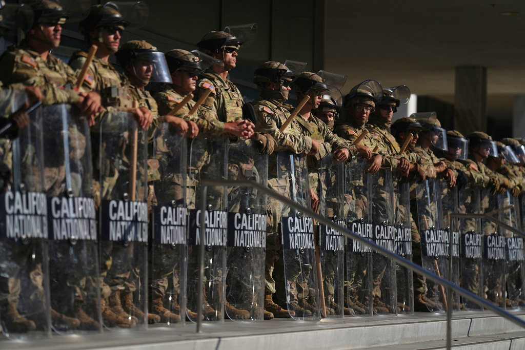 FILE - California National Guard are positioned at the Federal Building on Tuesday, June 10, 2025, in downtown Los Angeles. (AP Photo/Eric Thayer, File)
