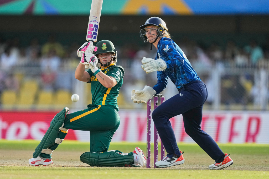 South Africa's Nadine de Klerk plays a shot during the ICC Women's Cricket World Cup match between England and South Africa at Barsapara Cricket Stadium in Guwahati, India, Friday, Oct. 3, 2025. (AP Photo/Anupam Nath)