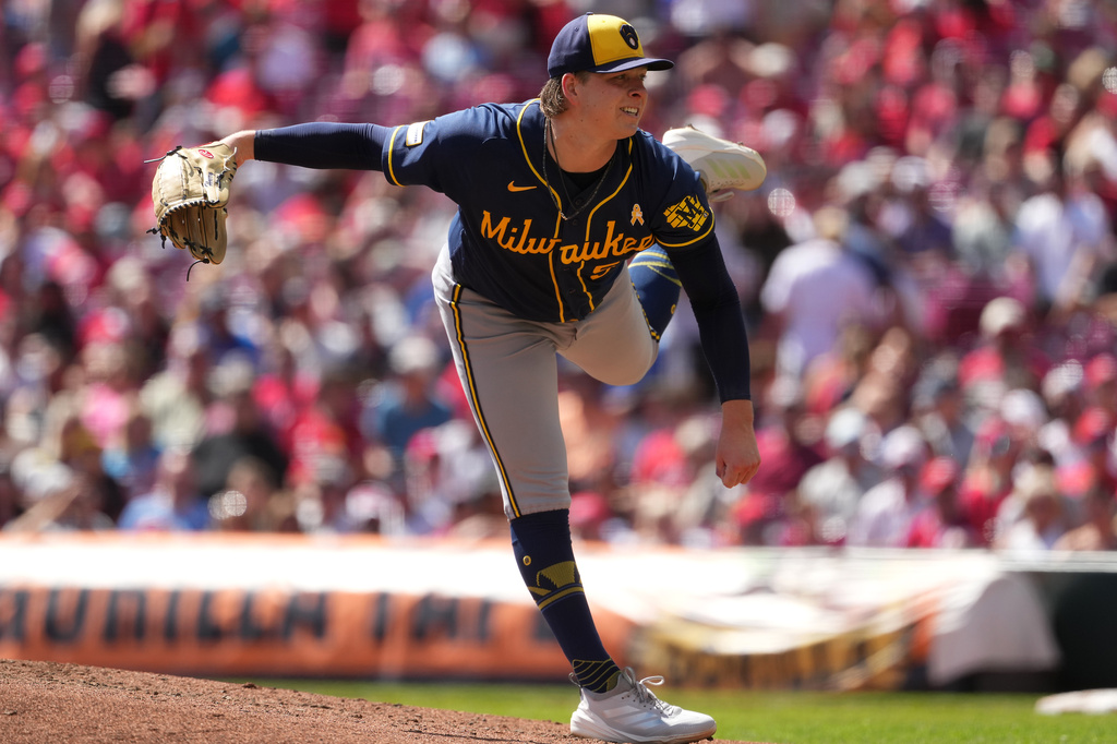 Milwaukee Brewers pitcher Kyle Harrison follows through on a pitch in the second inning of a baseball game against the Cincinnati Reds, Sunday, Sept. 6, 2026, in Cincinnati. (AP Photo/Kareem Elgazzar)
