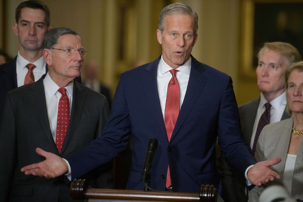 Senate Majority Leader John Thune, R-S.D., center, is joined by from left: Sen. Tom Cotton, R-Ark., Sen. John Barrasso, R-Wyo., Sen. James Lankford, R-Okla., and Sen. Shelley Moore Capito, R-W.Va., during the Senate Republican policy luncheon news conference at the Capitol, Tuesday, Dec. 2, 2025, in Washington. (AP Photo/Rod Lamkey, Jr.)