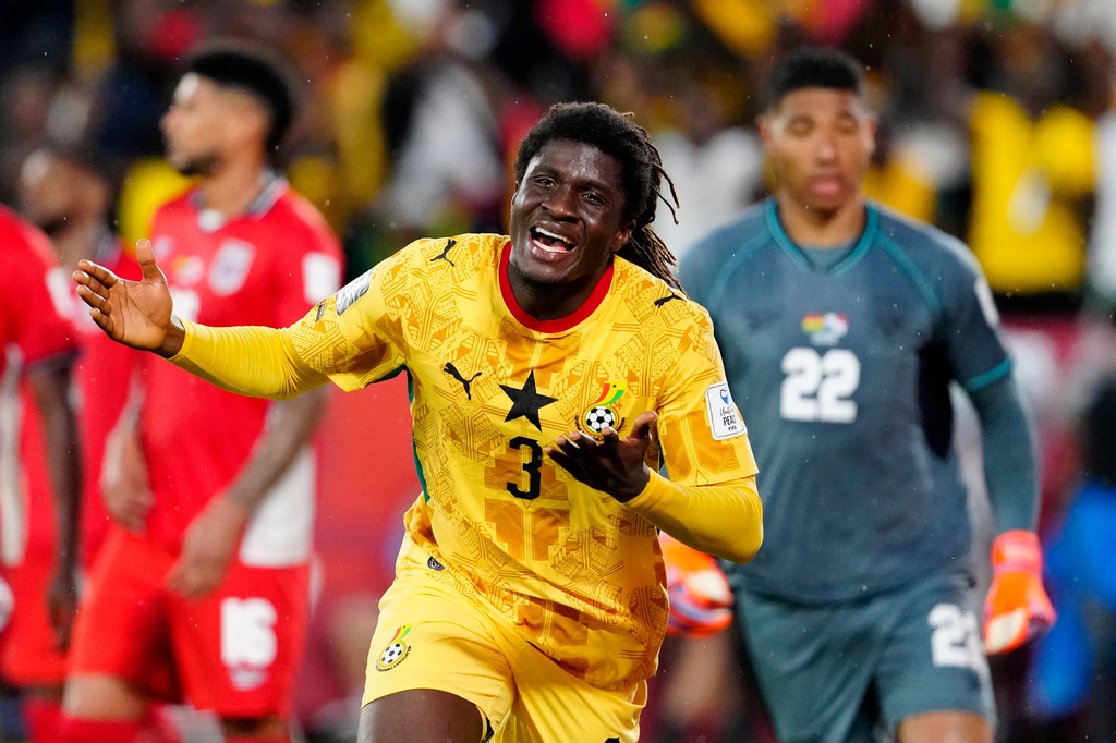 Ghana's Caleb Yirenkyi (3) celebrates scoring the opening goal during the World Cup Group L soccer match between Ghana and Panama in Toronto, Wednesday, June 17, 2026. (Frank Gunn/The Canadian Press via AP)