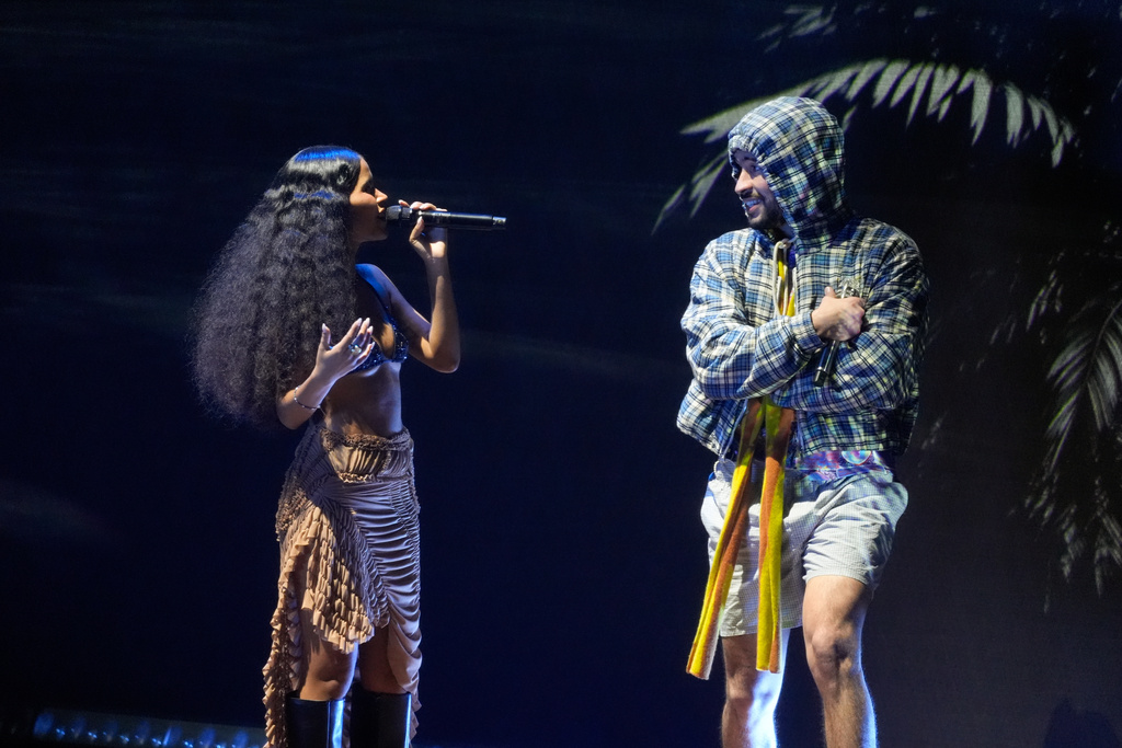 Chuwi and Bad Bunny perform during the 2025 Latin Grammys on Thursday, Nov. 13, 2025, at MGM Grand in Las Vegas. (AP Photo/Chris Pizzello)