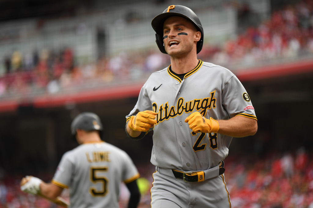 Pittsburgh Pirates' Jake Mangum celebrates after a solo home run during the second inning of a baseball game against the Cincinnati Reds on Friday, July 31, 2026 in Cincinnati. (AP Photo/Tanner Pearson)