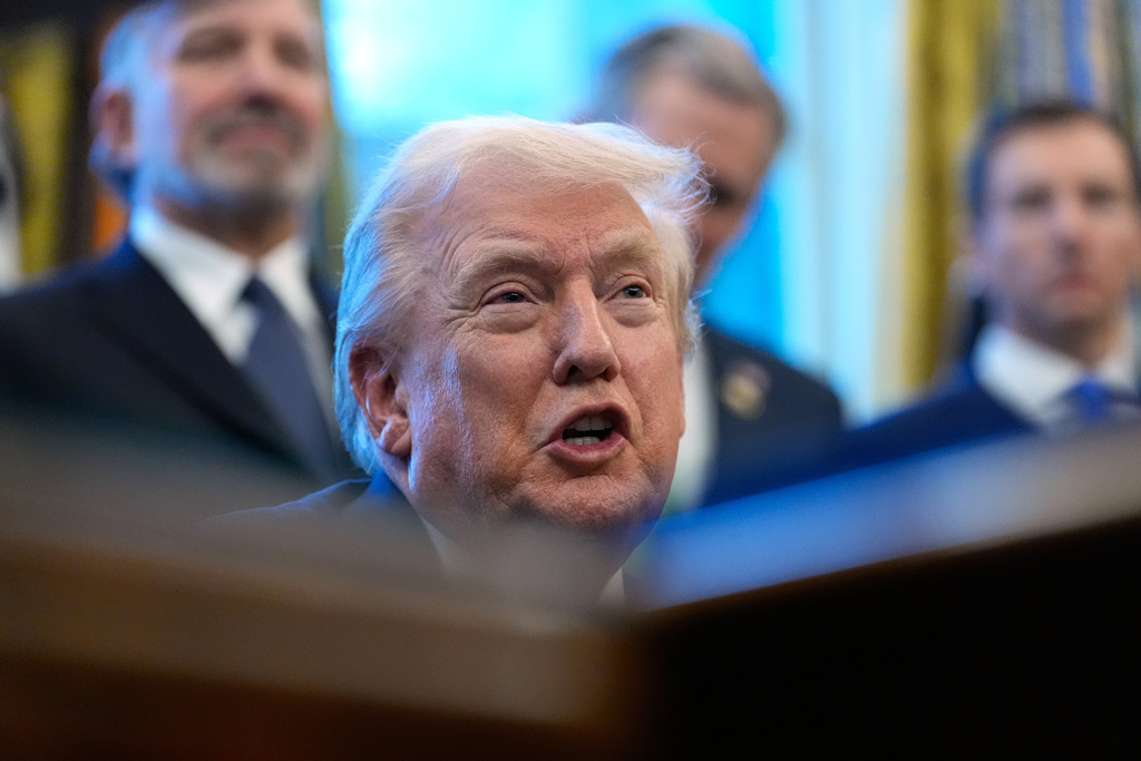President Donald Trump speaks in the Oval Office of the White House, Monday, Feb. 2, 2026, in Washington. (AP Photo/Alex Brandon)