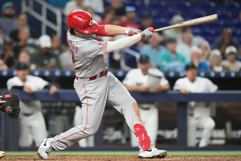 Cincinnati Reds' Sal Stewart hits a two-run home run during the fifth inning of a baseball game against the Miami Marlins, Wednesday, April 8, 2026, in Miami. (AP Photo/Lynne Sladky)