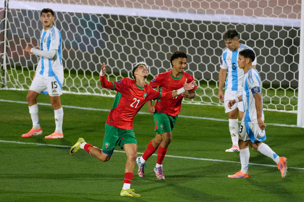Morocco's Yassir Zabiri celebrates scoring his side's second goal against Argentina during the FIFA U-20 World Cup final soccer match in Santiago, Chile, Sunday, Oct. 19, 2025. (AP Photo/Gustavo Garello)