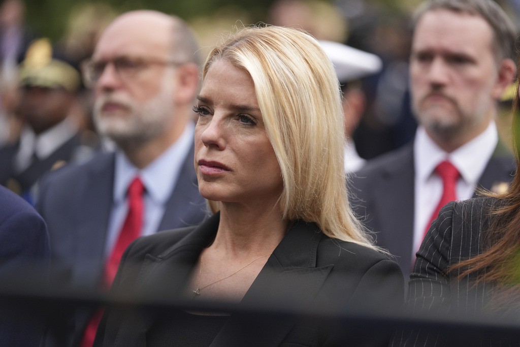 Attorney General Pam Bondi attends a ceremony to commemorate the 24th anniversary of the 9/11 attacks, Thursday, Sept. 11, 2025, at the Pentagon in Washington. (AP Photo/Evan Vucci)