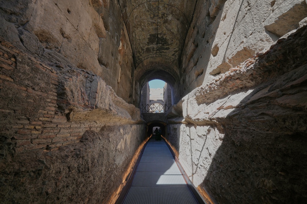 A view of the so-called 'Passage of Emperor Commodus', a newly restored tunnel ancient Roman emperors would use to enter the Colosseum unseen and protected, that will open to visitors at the end of the month, in Rome, Wednesday, Oct. 8, 2025. (AP Photo/Andrew Medichini)