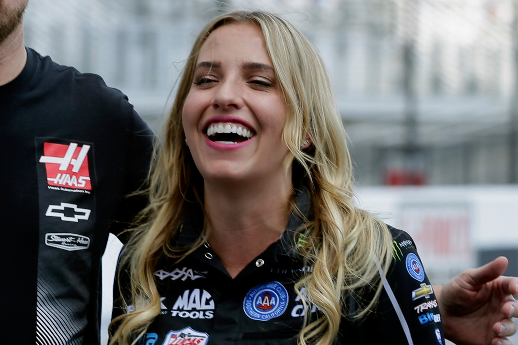 FILE - NHRA drag racer Brittany Force is photographed at Charlotte Motor Speedway's ZMax Dragway in Concord, N.C., during a news conference Wednesday, Sept. 7, 2016. (AP Photo/Chuck Burton, File)