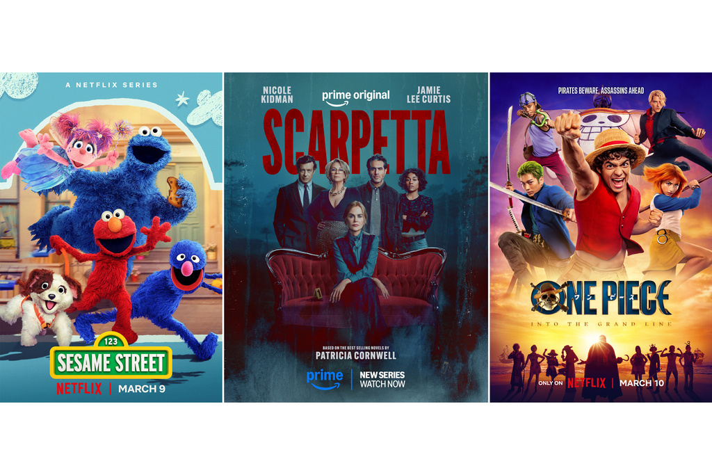 This combination of images show promotional art for the series “Sesame Street,” left, “Scarpetta,” center, and “One Piece.” (Netflix/Prime Video/Netflix via AP)